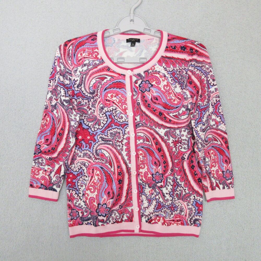 Talbots Pink Paisley Button Front Cardigan Sweater Petite M 3/4 Sleeve